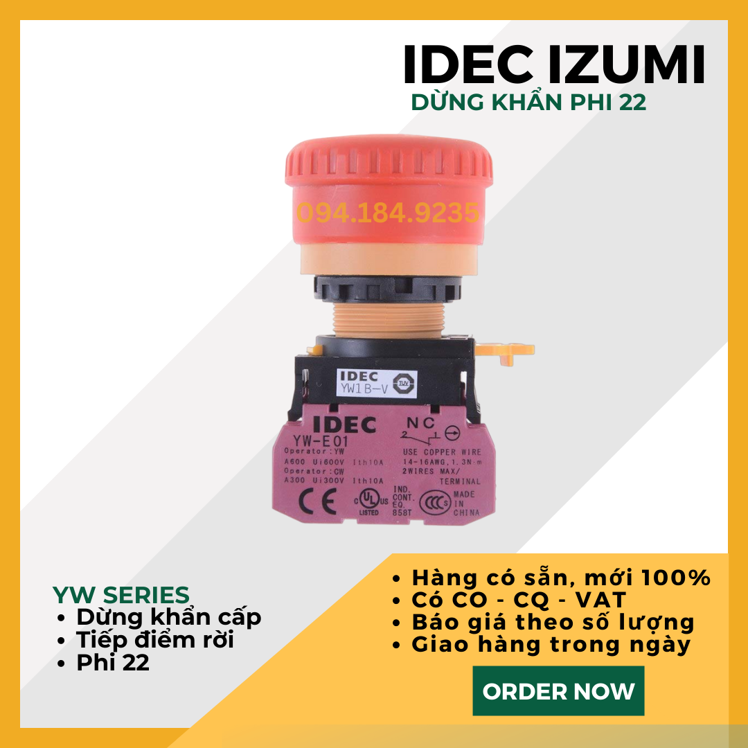 Nút Dừng Khẩn IDEC - YW1B-V4E01R - 1NO/NC_22mm - Dừng Khẩn Phi 22 Idec - Nút Stop IDEC