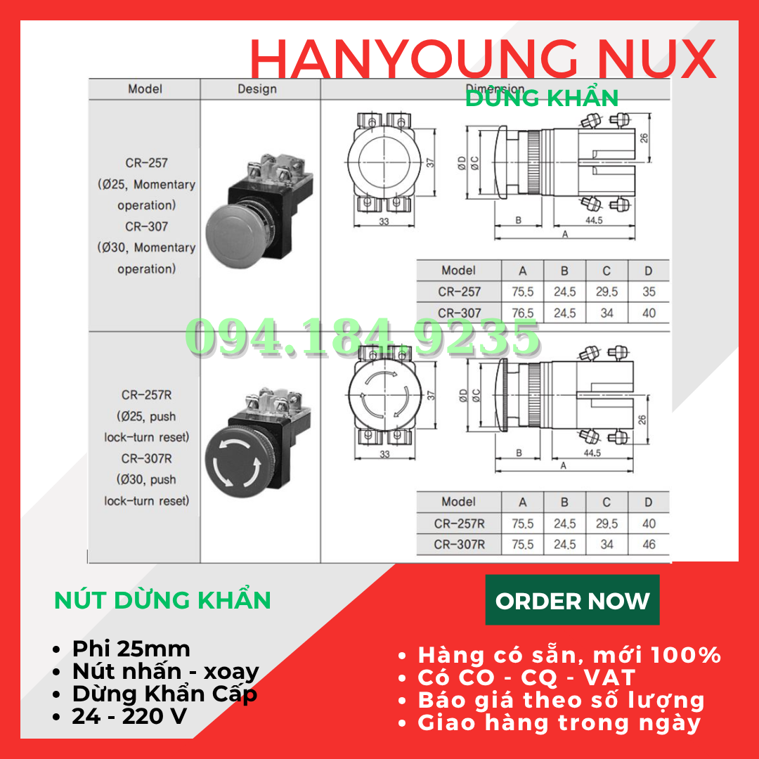 Nút dừng khẩn Hanyoung CRE-25M1R phi 25 - Dừng Khẩn Cấp Hanyoung