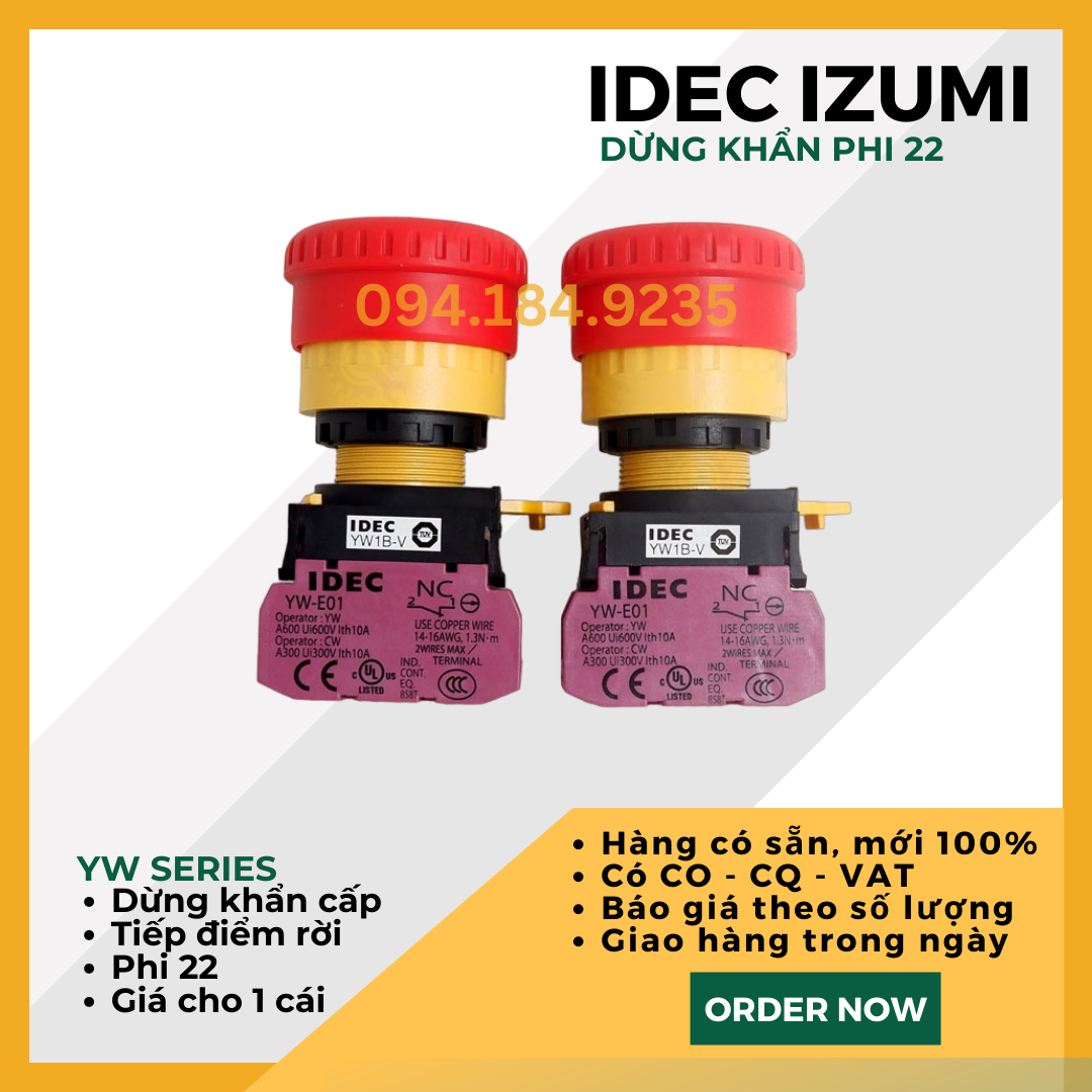 Nút Dừng Khẩn IDEC - YW1B-V4E01R - 1NO/NC_22mm - Dừng Khẩn Phi 22 Idec - Nút Stop IDEC