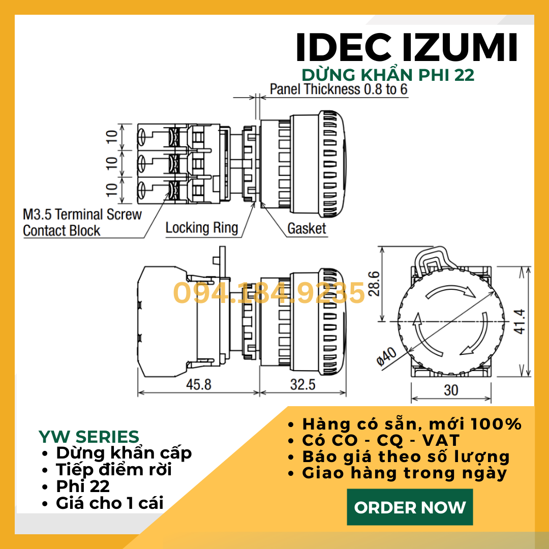 Nút Dừng Khẩn IDEC - YW1B-V4E01R - 1NO/NC_22mm - Dừng Khẩn Phi 22 Idec - Nút Stop IDEC