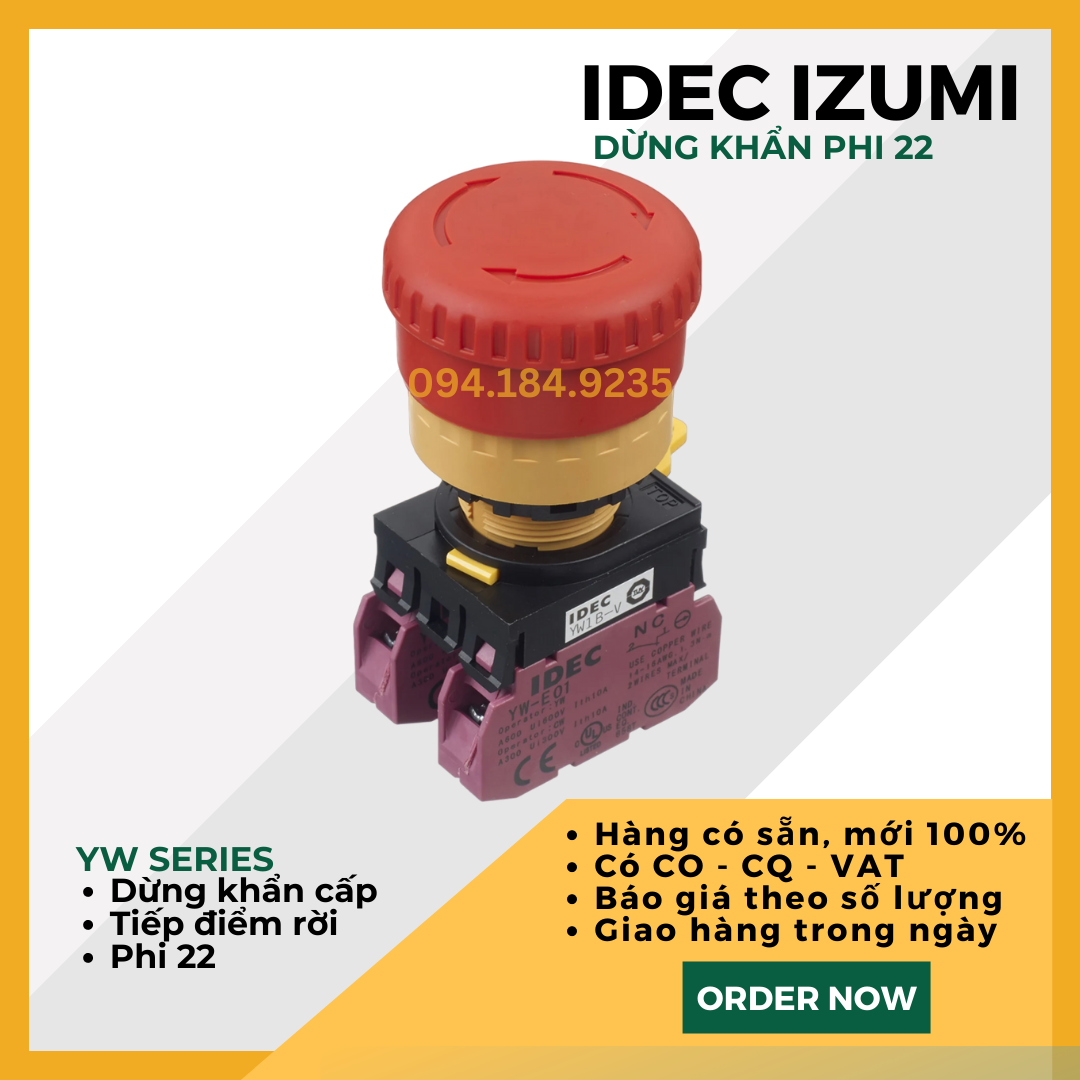 Nút Dừng Khẩn IDEC - YW1B-V4E01R - 1NO/NC_22mm - Dừng Khẩn Phi 22 Idec - Nút Stop IDEC