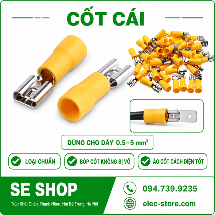 Đầu Cốt Cái – Cos Cái, Cos Ghim Âm ⚡ Đầu Nối Dây Điện Female Terminal - Gói 100 Cái/Màu