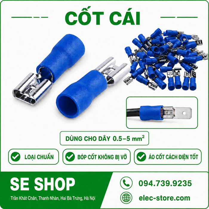 Đầu Cốt Cái – Cos Cái, Cos Ghim Âm ⚡ Đầu Nối Dây Điện Female Terminal - Gói 100 Cái/Màu