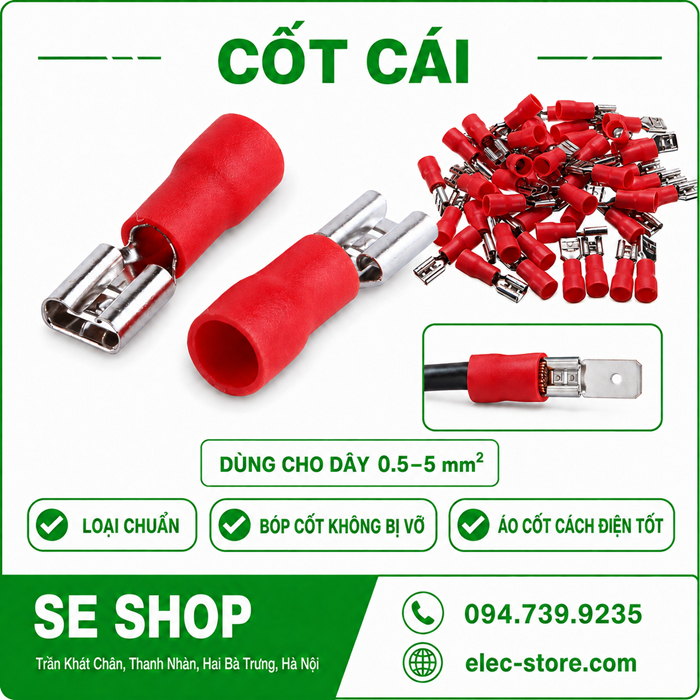 Đầu Cốt Cái – Cos Cái, Cos Ghim Âm ⚡ Đầu Nối Dây Điện Female Terminal - Gói 100 Cái/Màu