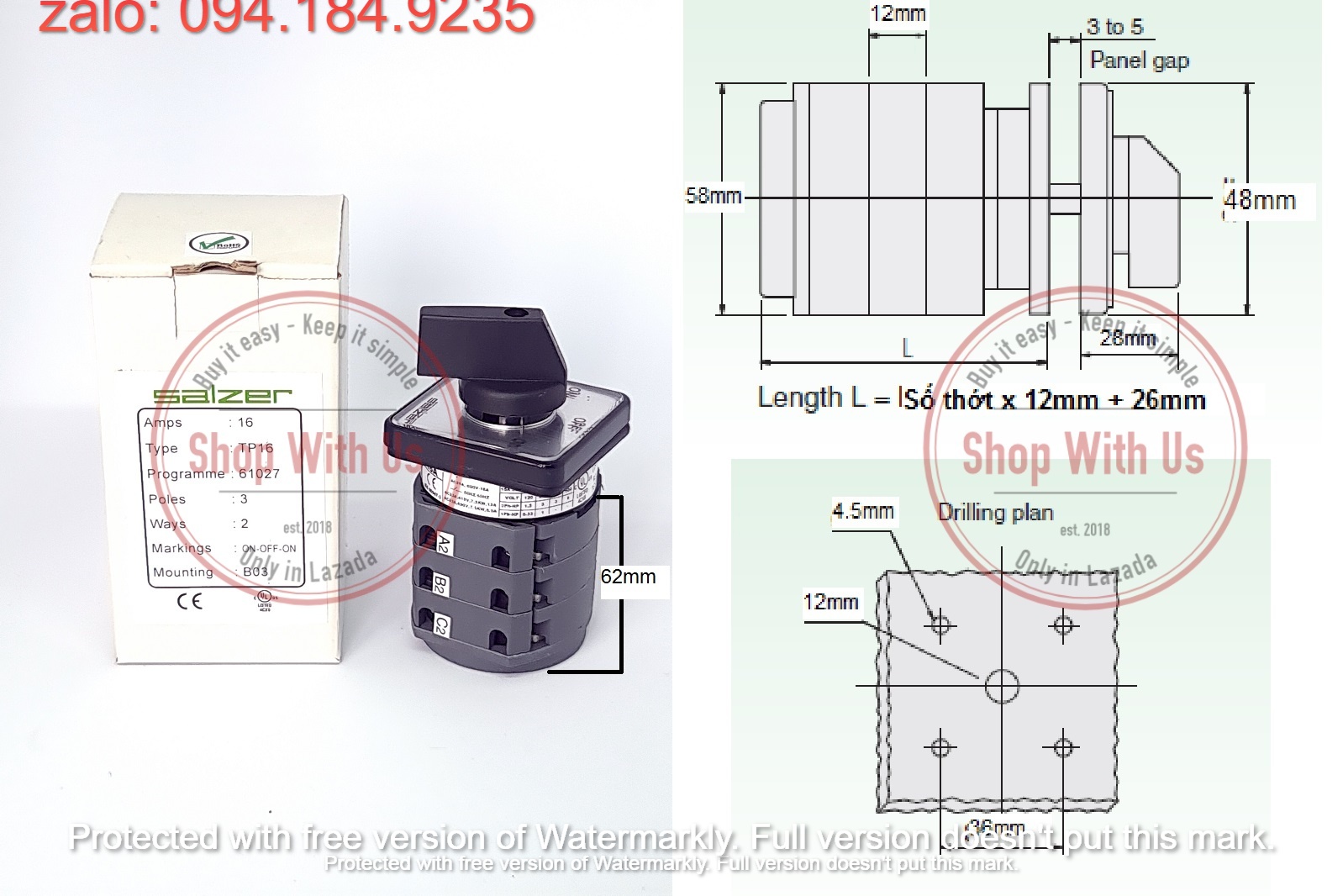 Chuyển mạch ON-OFF-ON - Công tắc xoay ON-OFF-ON TP16 61027 - Chuyển mạch 3 vị trí Ấn Độ - Chuyển mạch On/Off/On Salzer - chuyển mạch Salzer