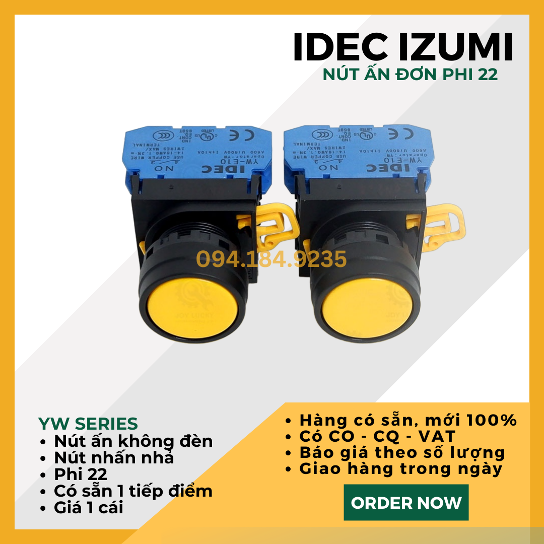 Nút ấn đỏ IDEC - Nút ấn đơn vàng - Đề đơn vàng IDEC - YW1B ME1E10Y - Nút nhấn nhả màu vàng phi 22
