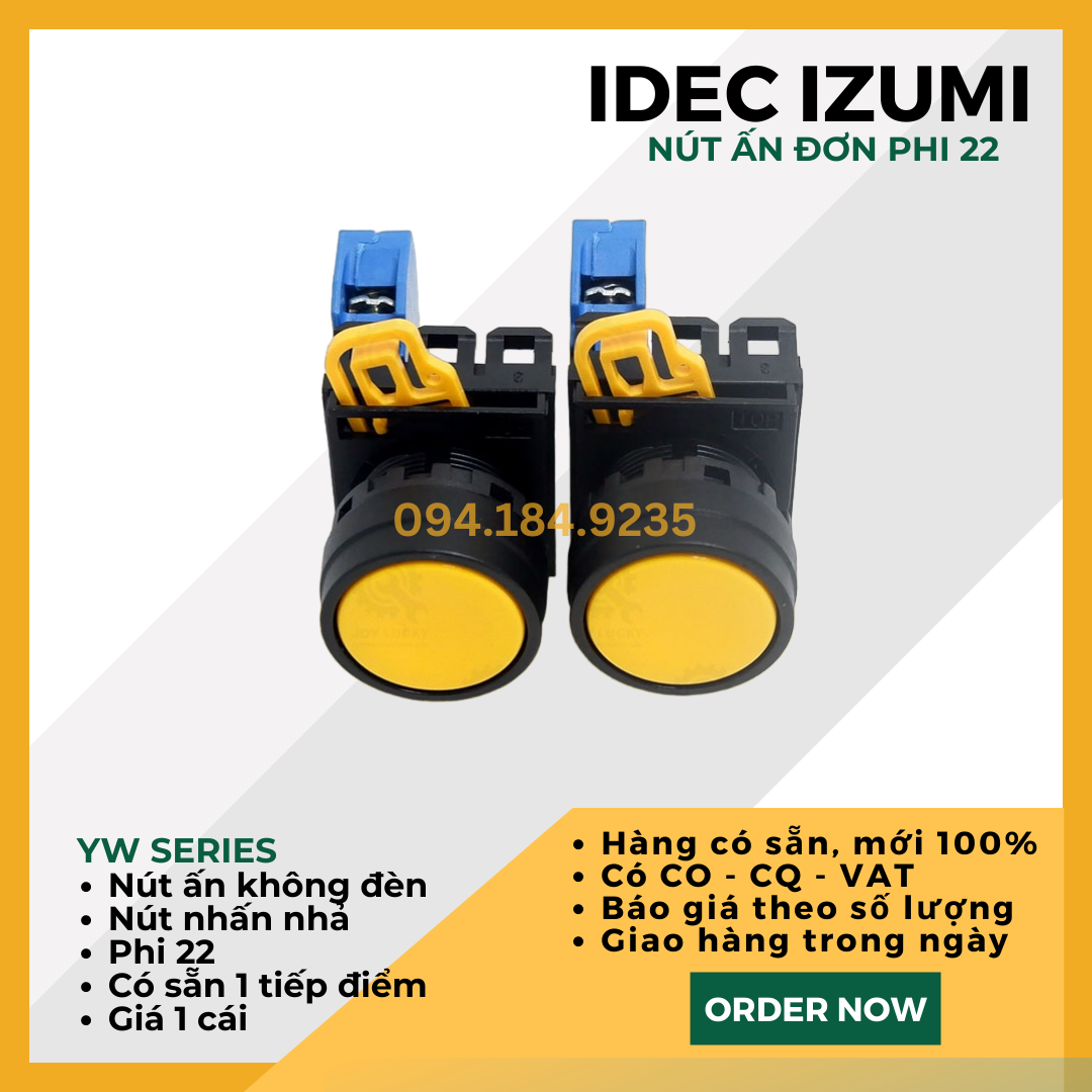 Nút ấn đỏ IDEC - Nút ấn đơn vàng - Đề đơn vàng IDEC - YW1B ME1E10Y - Nút nhấn nhả màu vàng phi 22