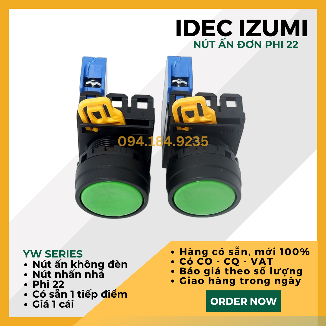 Nút ấn xanh IDEC - Nút ấn đơn xanh - Đề đơn xanh IDEC - YW1B ME1E10G - Nút nhấn nhả màu xanh phi 22