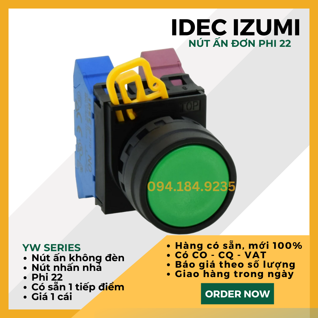 Nút ấn xanh IDEC - Nút ấn đơn xanh - Đề đơn xanh IDEC - YW1B ME1E10G - Nút nhấn nhả màu xanh phi 22