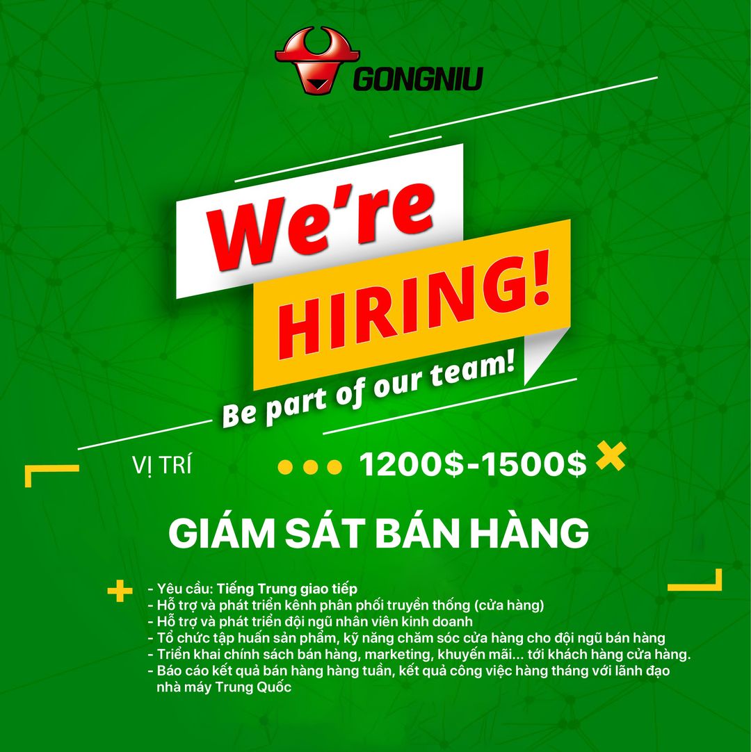 TUYỂN DỤNG - GIÁM SÁT BÁN HÀNG - $1200-1500$