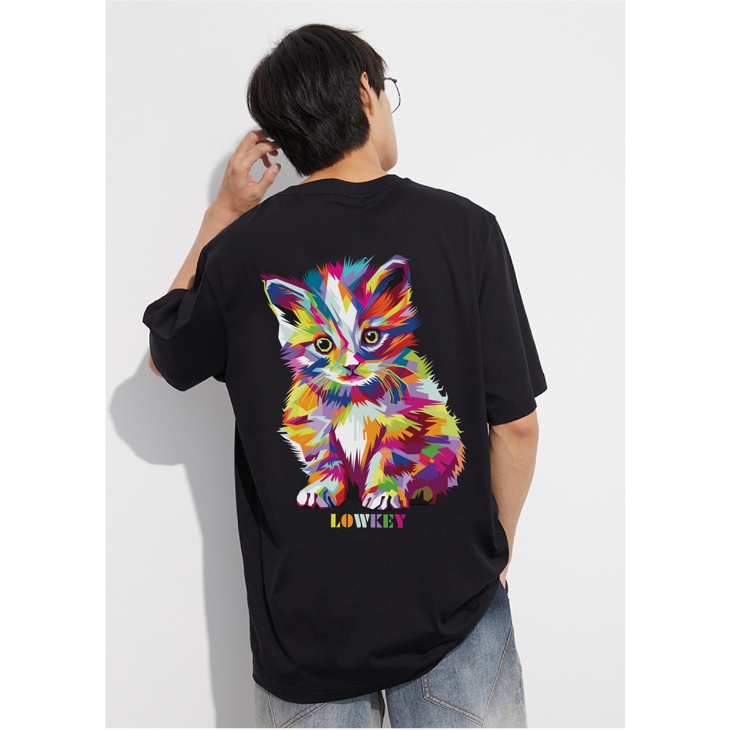 Áo thun form rộng nam nữ cổ tròn in hình mèo hoạ tiết LOWKEY cao cấp K0001 - Vải cotton 2 Màu đen - Trắng