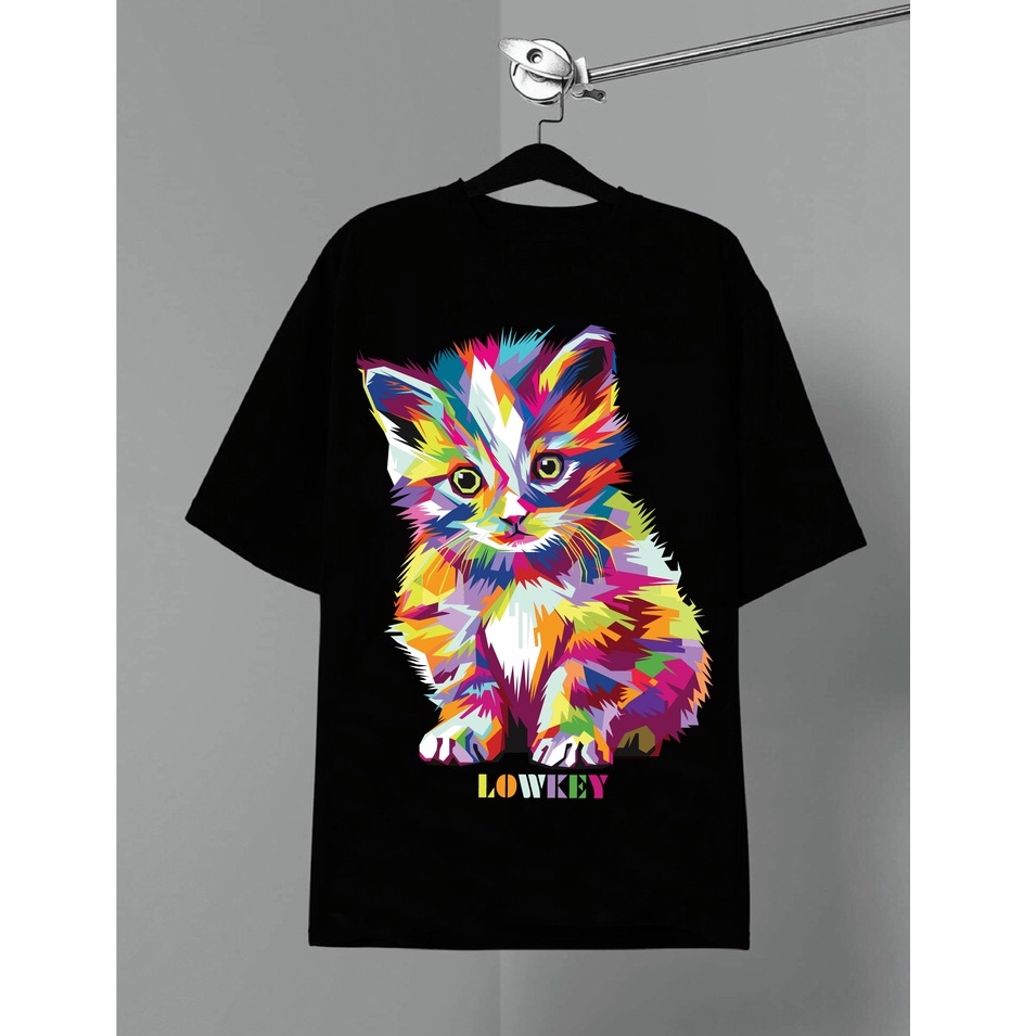 Áo thun form rộng nam nữ cổ tròn in hình mèo hoạ tiết LOWKEY cao cấp K0001 - Vải cotton 2 Màu đen - Trắng