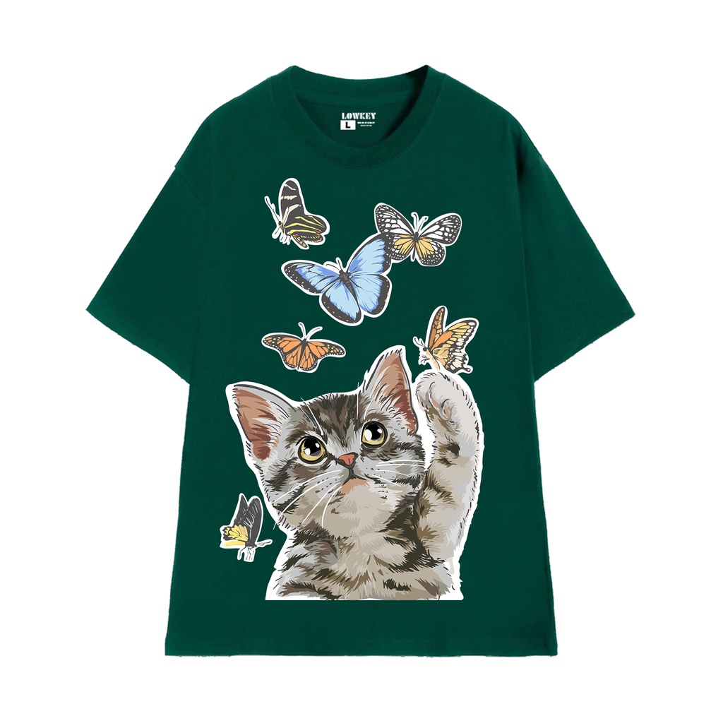 Áo tee unisex cổ tròn tay ngắn in hoạ tiết MEOMEO bắt bướm LOWKEY đẹp K0011 - Nhiều màu trắng đen cam vàng xanh
