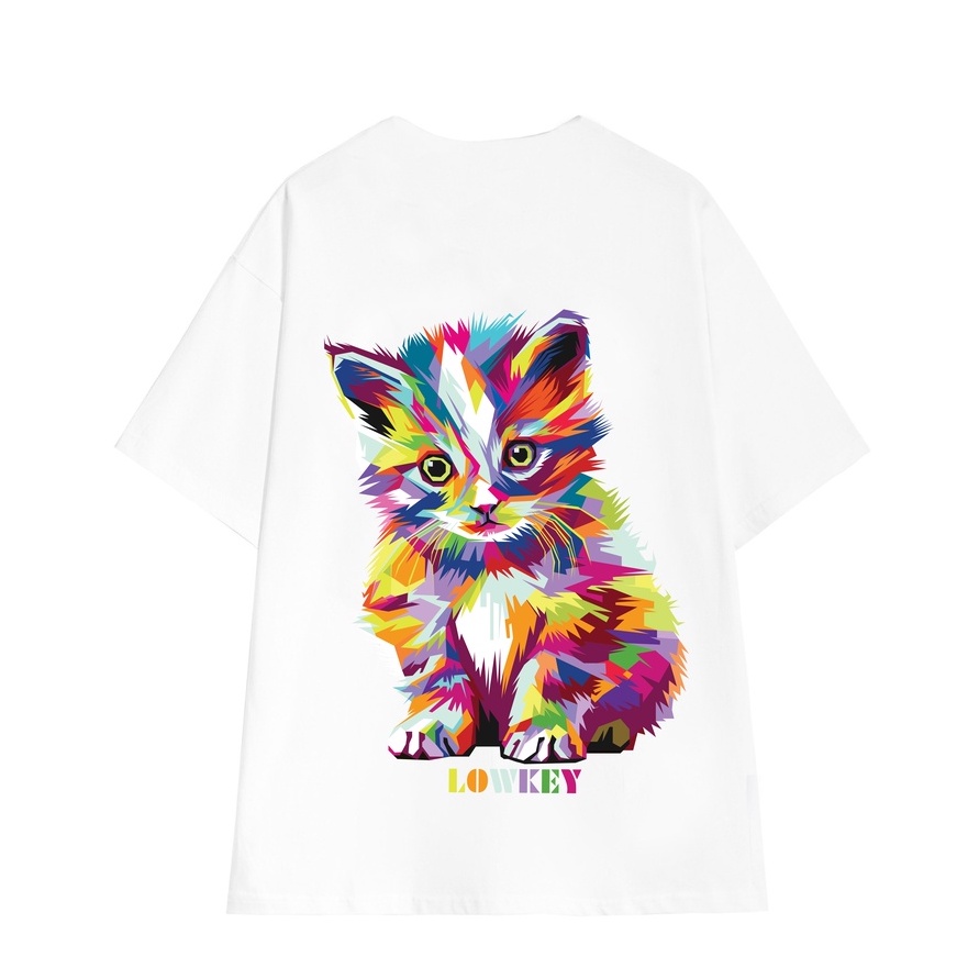 Áo thun form rộng nam nữ cổ tròn in hình mèo hoạ tiết LOWKEY cao cấp K0001 - Vải cotton 2 Màu đen - Trắng