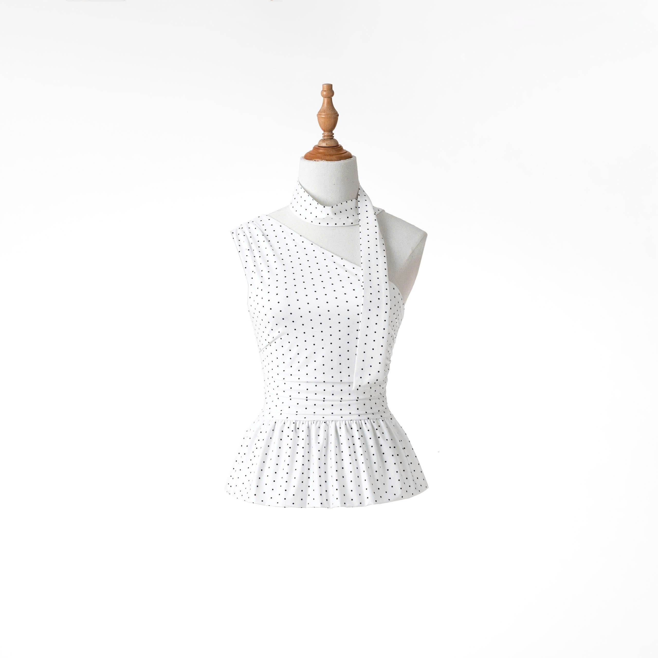K5218 LOWKEY_ÁO LỆCH VAI CHẤM BI DÁNG XÒE PEPLUM-PHỐI DÂY CỔ,CÓ KHÓA KÉO BÊN HÔNG