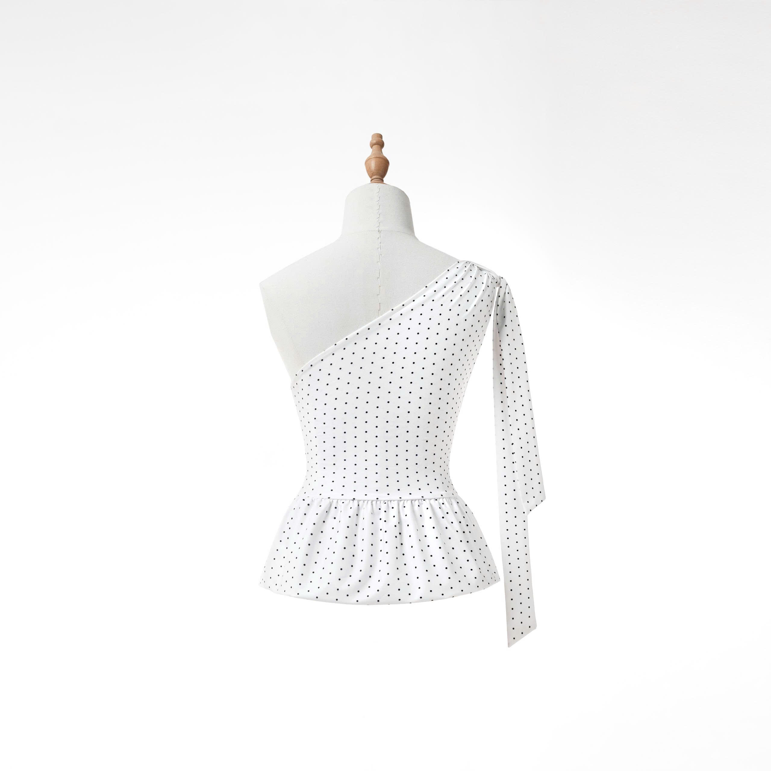 K5218 LOWKEY_ÁO LỆCH VAI CHẤM BI DÁNG XÒE PEPLUM-PHỐI DÂY CỔ,CÓ KHÓA KÉO BÊN HÔNG