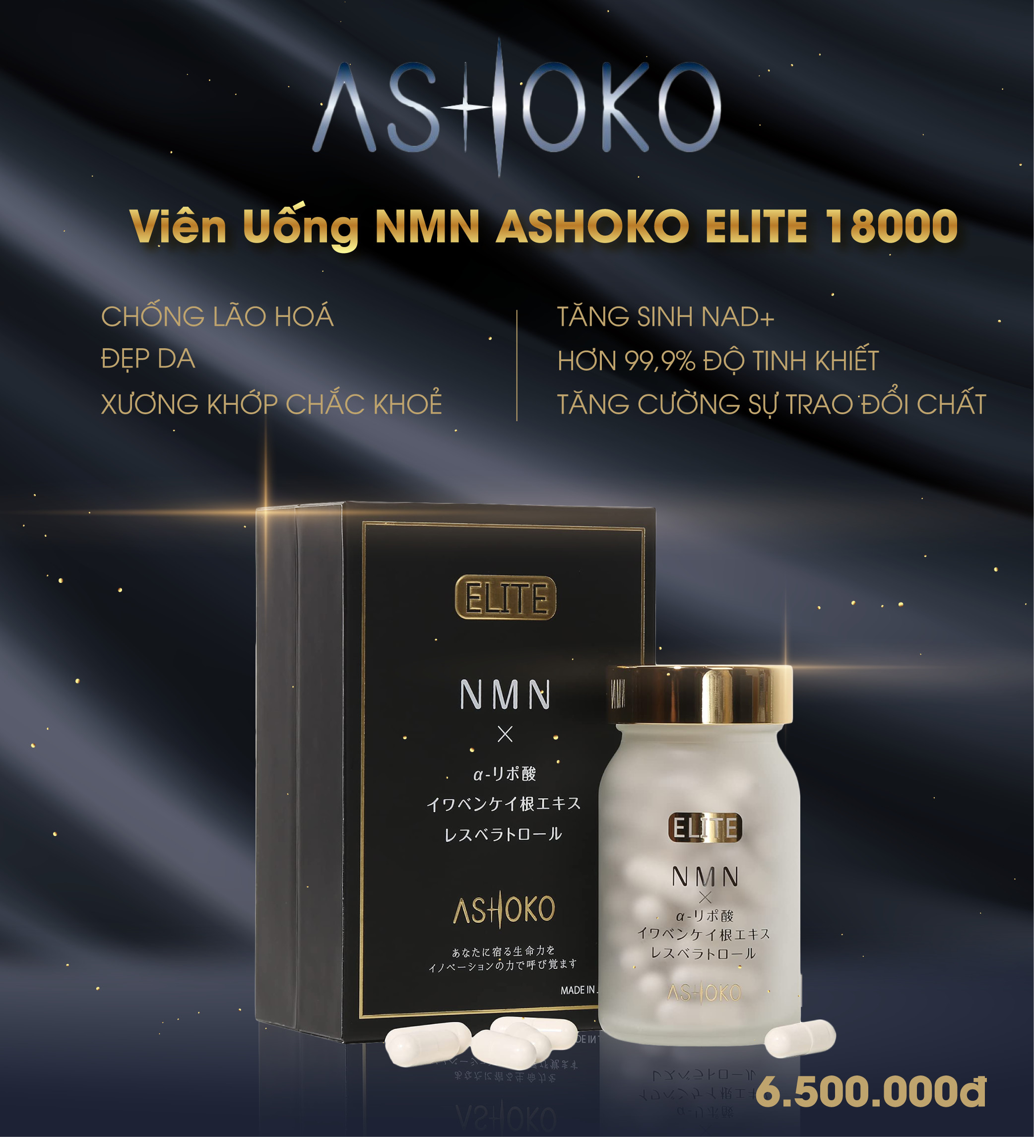 Viên Uống NMN ASHOKO ELITE 18000 - Tăng Sinh NAD+ Hơn 99,9% Độ Tinh Khiết