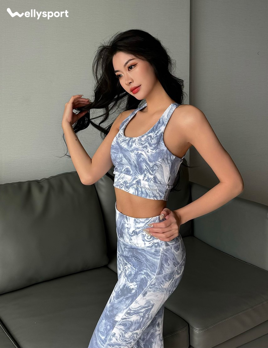 Set Đồ Tập Yoga, Gym Nữ,  Màu Pastel Blue Họa Tiết, Welly Sport, Mã XLHT