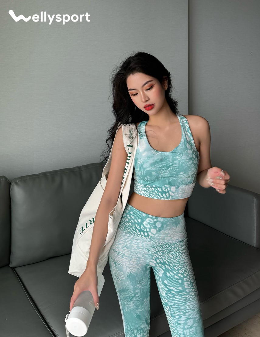 Set Đồ Tập Yoga, Gym Nữ,  Màu Xanh Lá Họa Tiết, Welly Sport, Mã RXHT