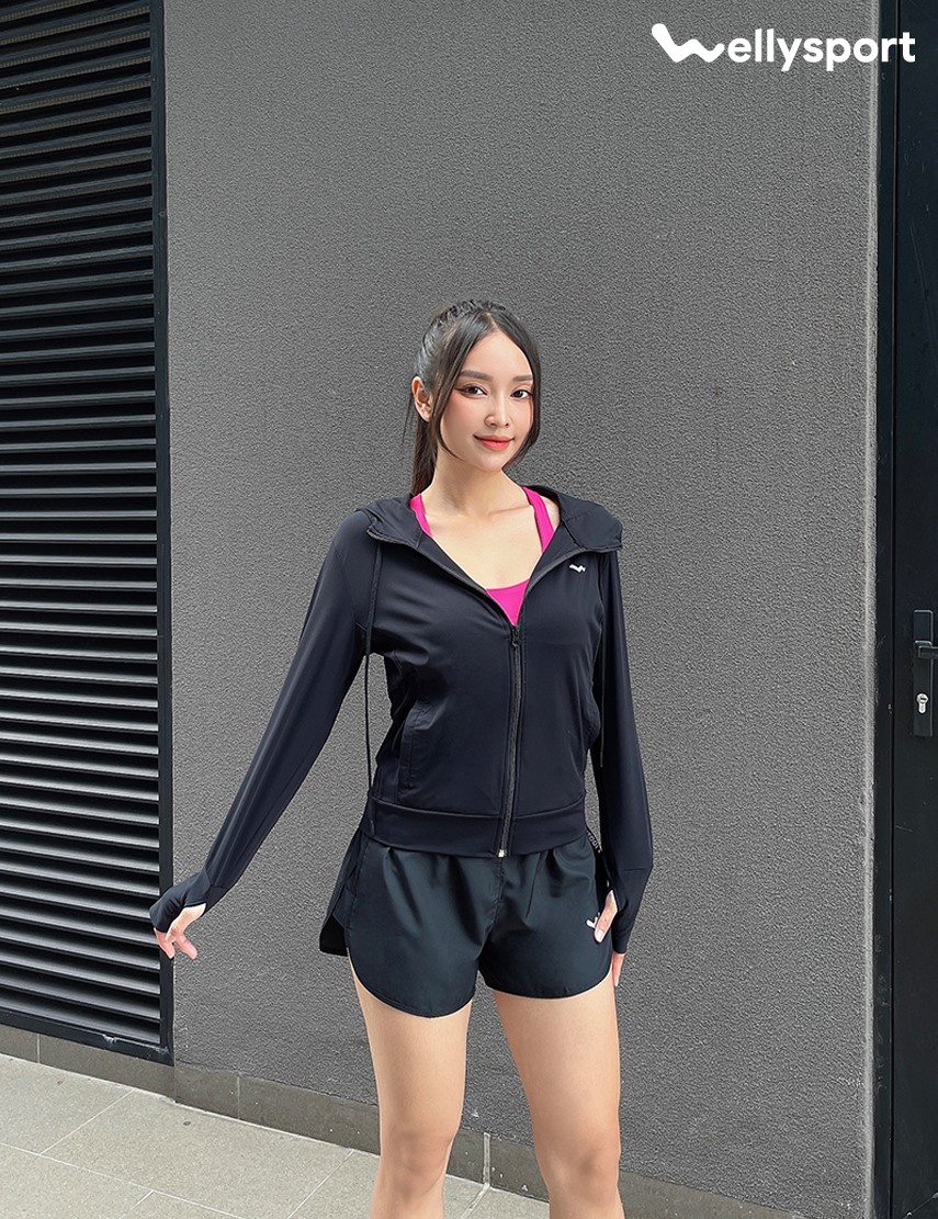 Áo Khoác Chống Nắng Nữ Running, Màu Đen Black, Welly Sport, Mã AKN06