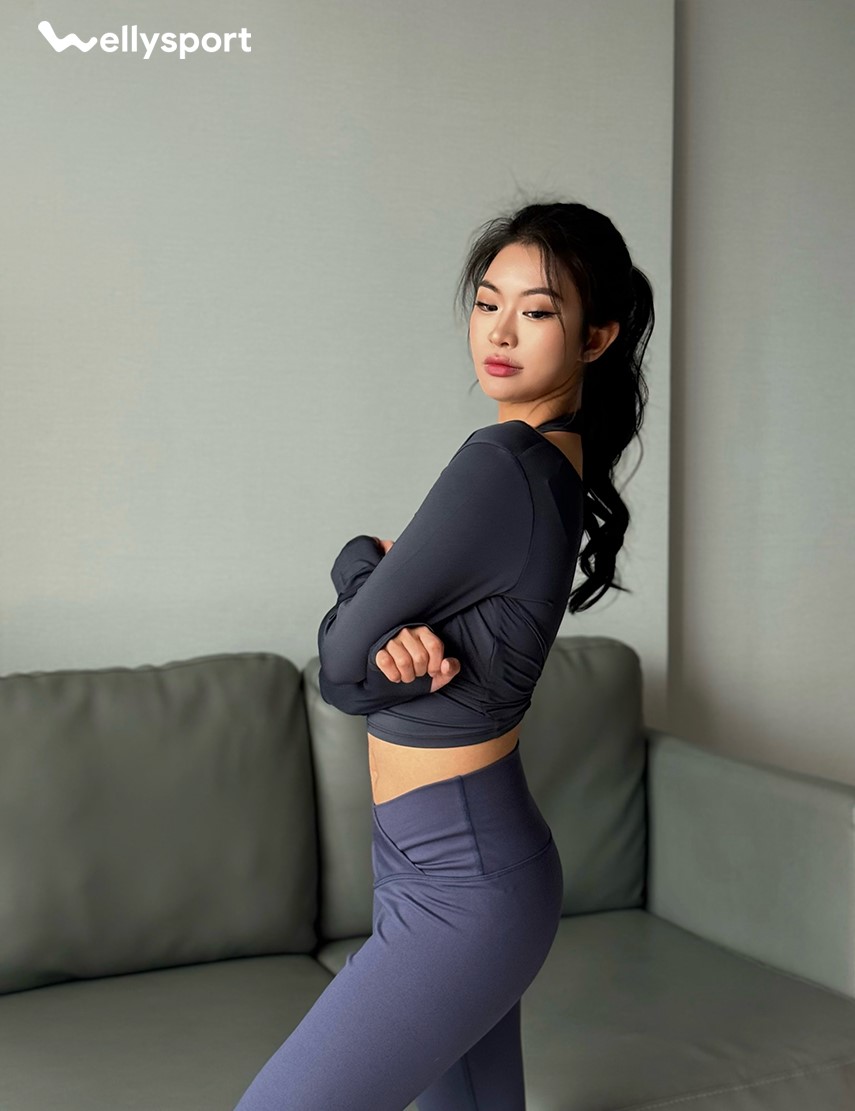 Áo Dài Tay Xoắn Eo Tập Gym, Yoga Nữ, Màu Xanh Đen Denim, Welly Sport, Mã NDT07
