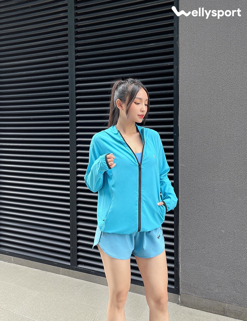 Áo Khoác Nữ Running Jacket Gió, Màu Xanh, Welly Sport, Mã AKN05