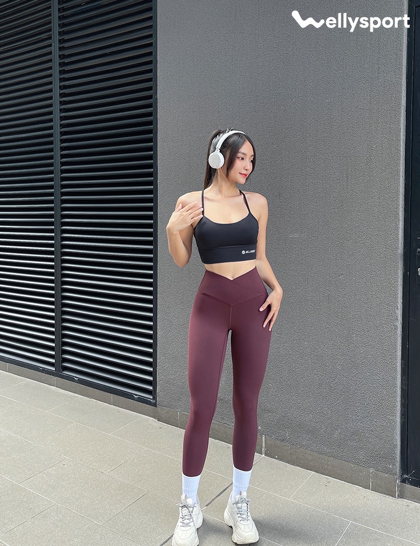 Quần Tập Gym, Yoga Legging Nữ Cạp Chéo, Màu Đỏ Plum, Welly Sport, Mã QLD03