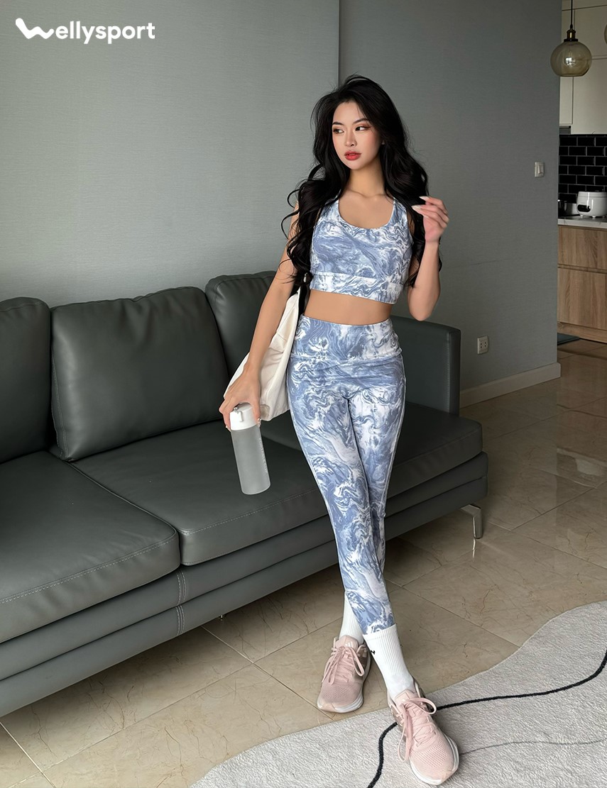 Set Đồ Tập Yoga, Gym Nữ,  Màu Pastel Blue Họa Tiết, Welly Sport, Mã XLHT