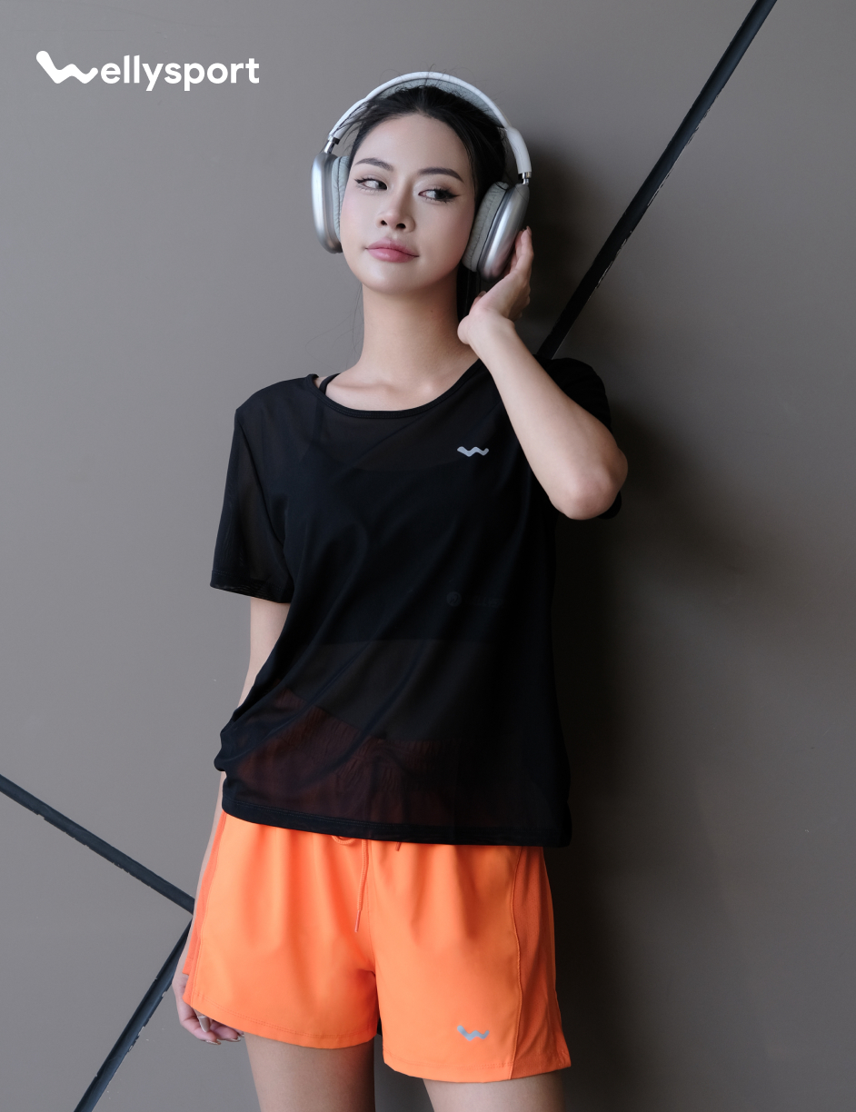Áo Lưới Nữ Tập Gym, Yoga, Chạy Bộ, Màu Đen, Welly Sport, Mã ALMD