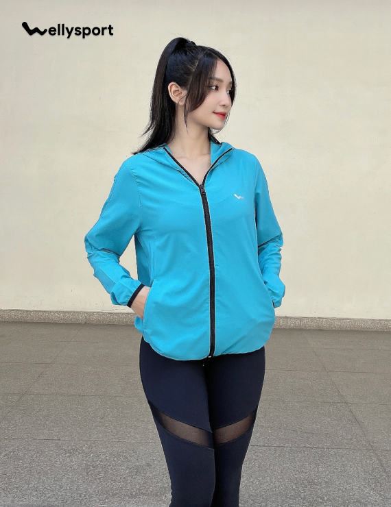 Áo Khoác Nữ Running Jacket Gió, Màu Xanh, Welly Sport, Mã AKN05