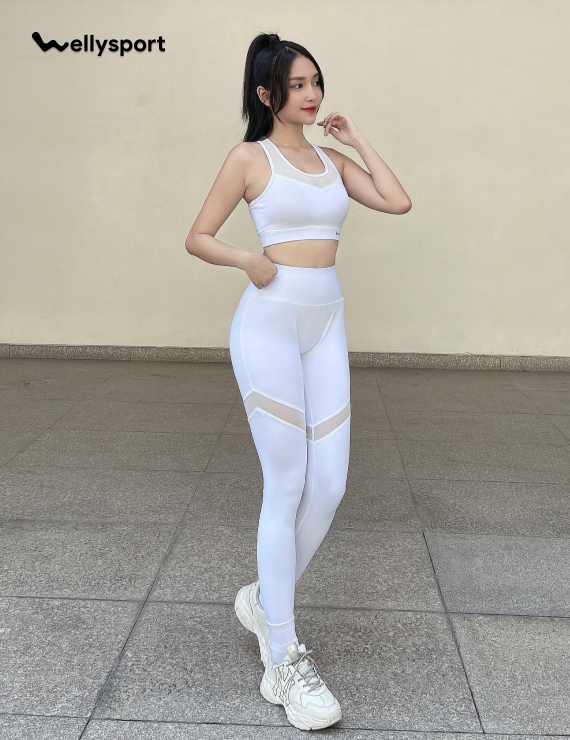 Set Đồ Tập Yoga, Gym Nữ Phối Lưới, Màu Trắng, Welly Sport, Mã BDPL03
