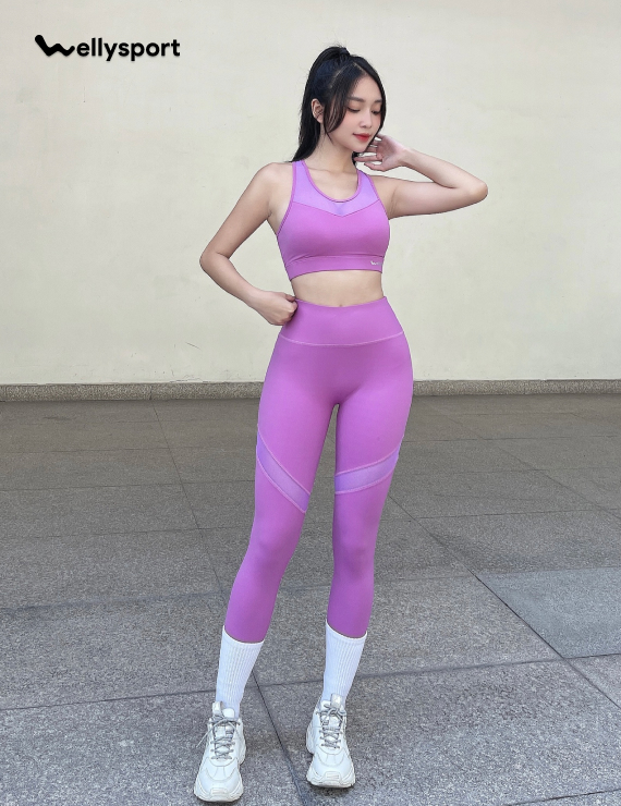 Set Đồ Tập Yoga, Gym Nữ Phối Lưới, Màu Tím Lavender, Welly Sport, Mã BDPL01