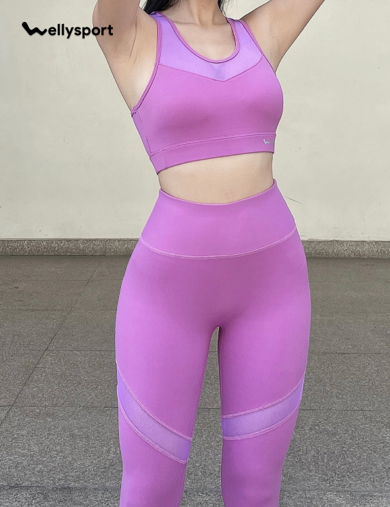 Set Đồ Tập Yoga, Gym Nữ Phối Lưới, Màu Tím Lavender, Welly Sport, Mã BDPL01