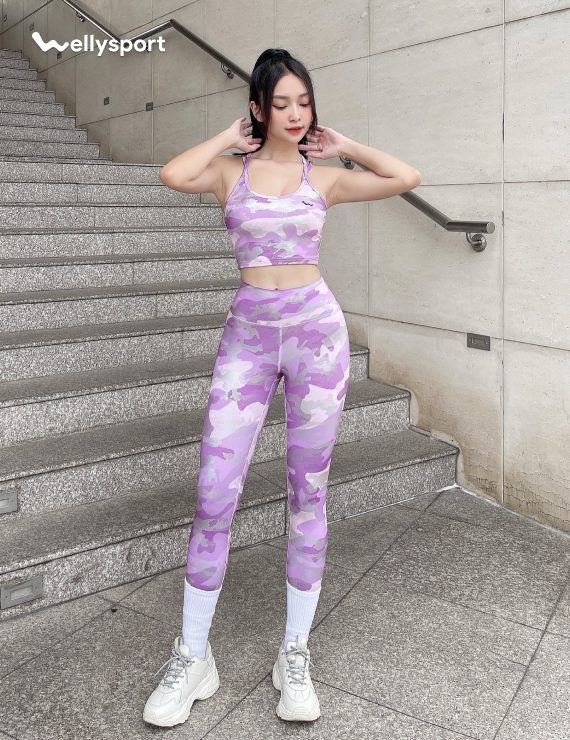 Set Đồ Tập Yoga Nữ Cạp Cao, Màu Tím Loang, Welly Sport, Mã SCC03