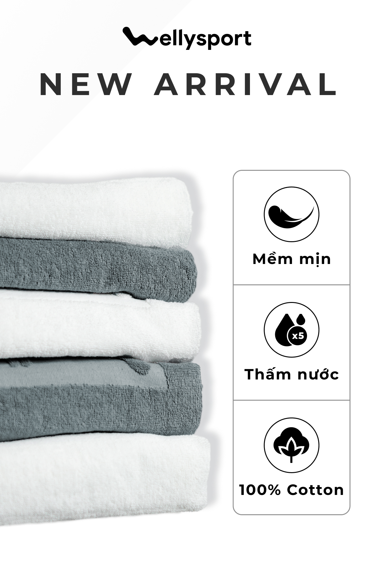 Khăn Tập, Tắm, Gội Thể Thao Cao Cấp 100% Cotton Siêu Mềm Mịn, Thấm Hút Mồ Hôi, Dày Dặn, Welly Sport, Mã KTAP