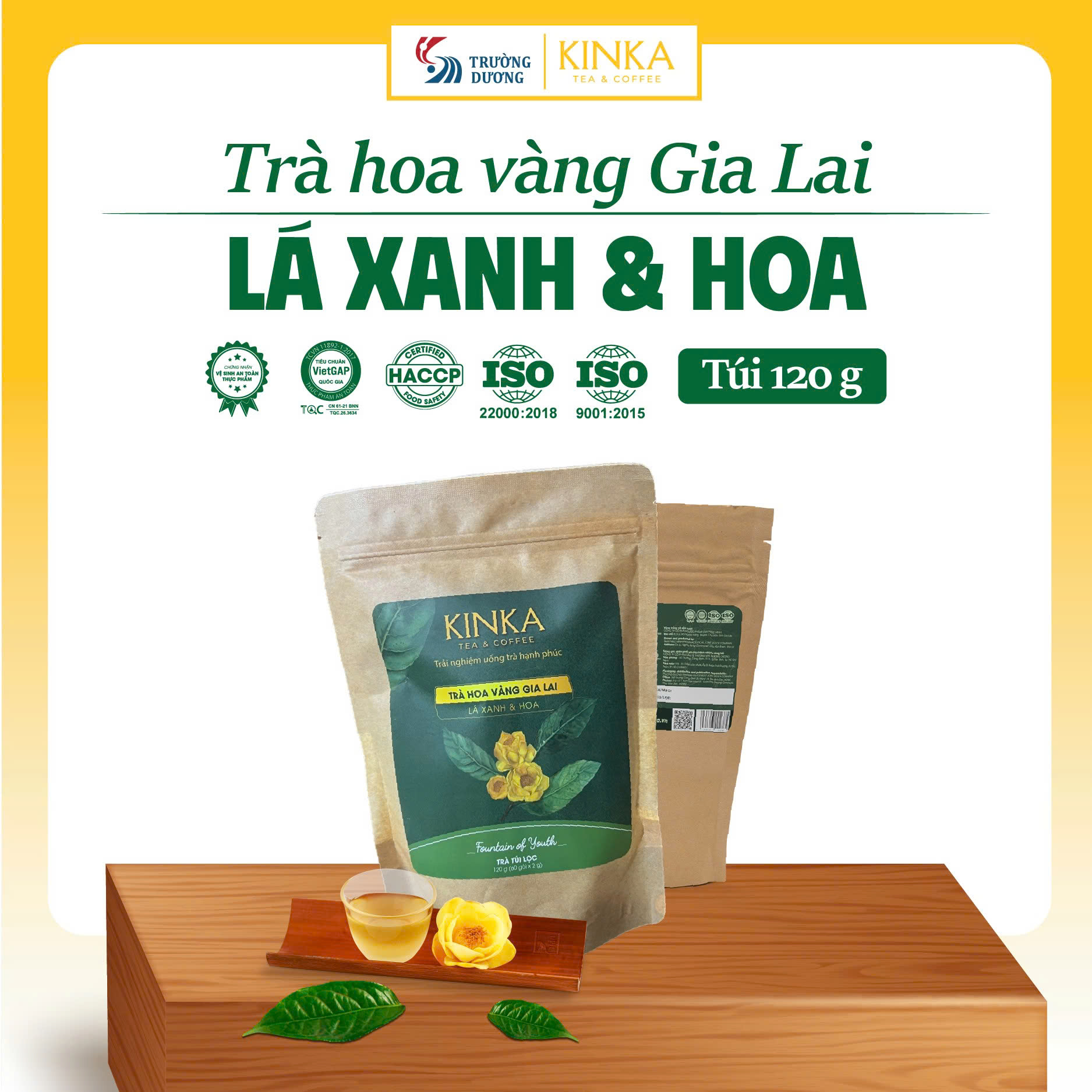 FOUNTAIN OF YOUTH | Trà Hoa Vàng Gia Lai - Lá Xanh & Hoa 120g (60 gói x 2g)