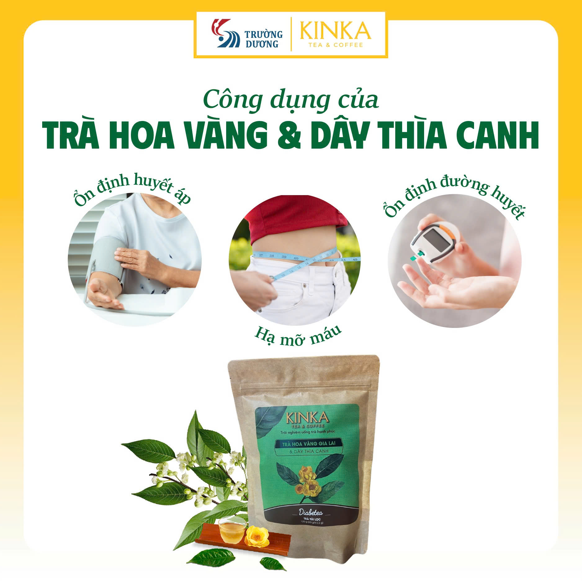 DIABETEA | Trà Hoa Vàng Gia Lai & Dây Thìa Canh 120g (60 gói x 2g)| Túi tiết kiệm