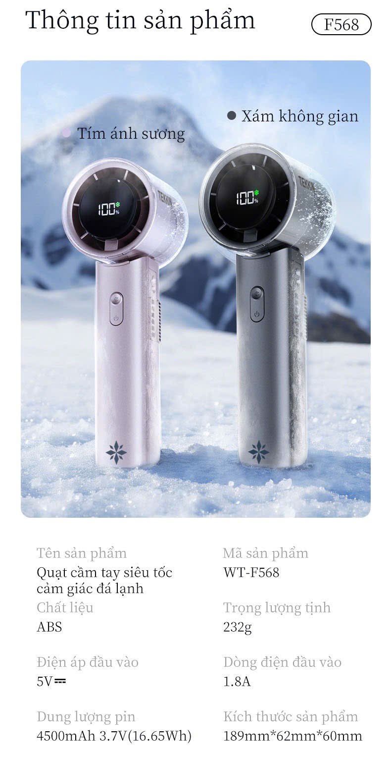 Quạt Điện Mini Cầm Tay Sò Lạnh Thân Quạt Làm Lạnh Lòng Bàn Tay TEKKIN F568 pin 4500mah dùng 10h LCD hiển thị pin