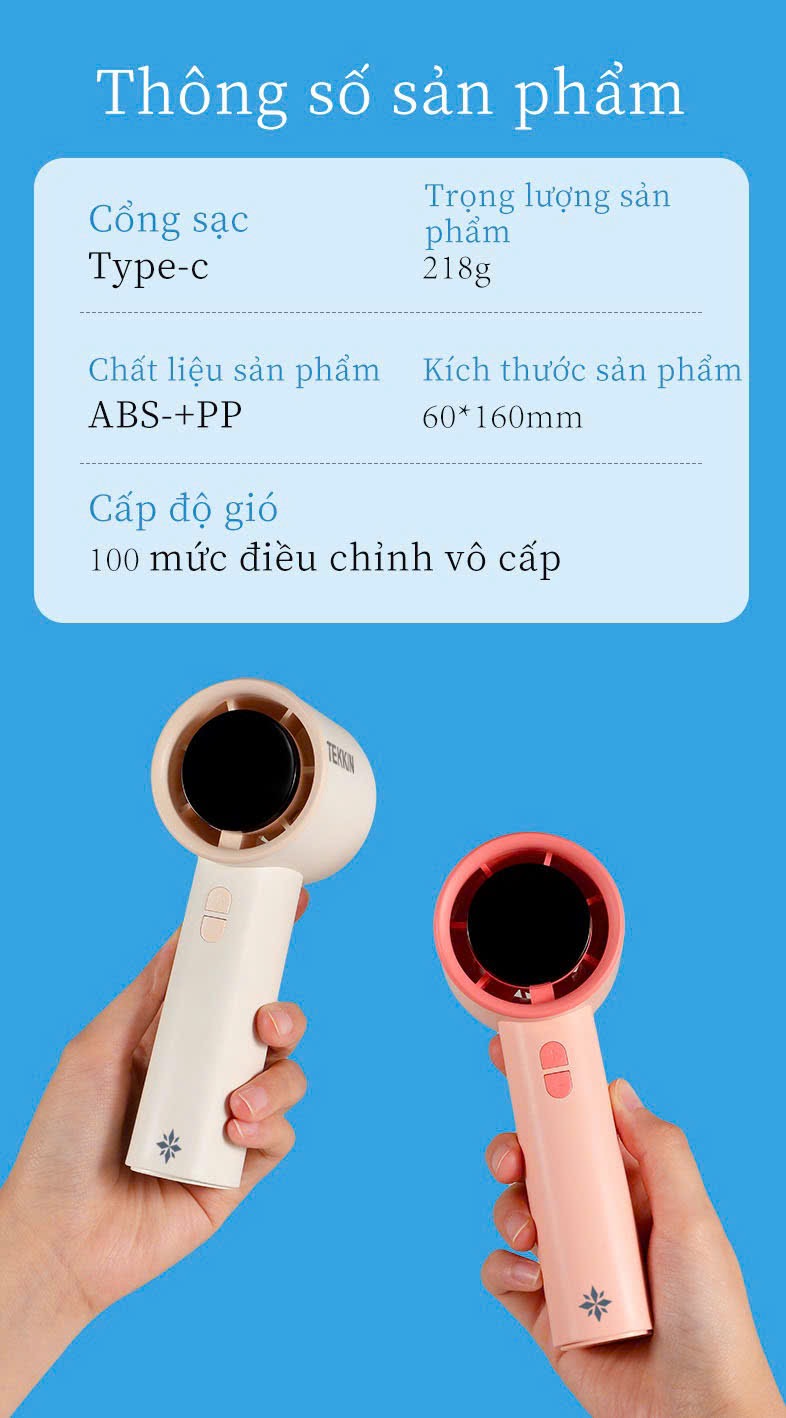 Quạt cầm tay mini siêu mạnh TEKKIN TI-257 pin dùng liên tục 30 giờ màn kỹ thuật số 100 mức gió tặng dây đeo cáp