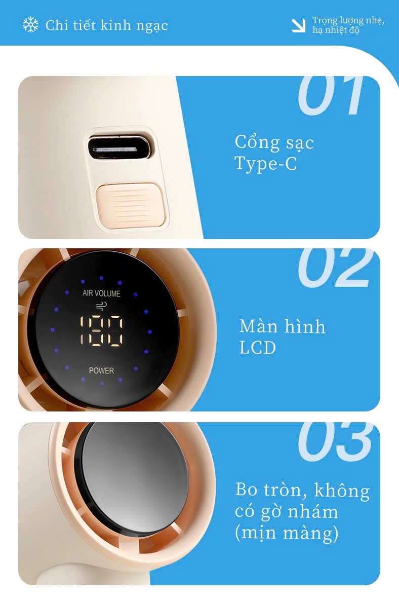 Quạt cầm tay mini siêu mạnh TEKKIN TI-257 pin dùng liên tục 30 giờ màn kỹ thuật số 100 mức gió tặng dây đeo cáp