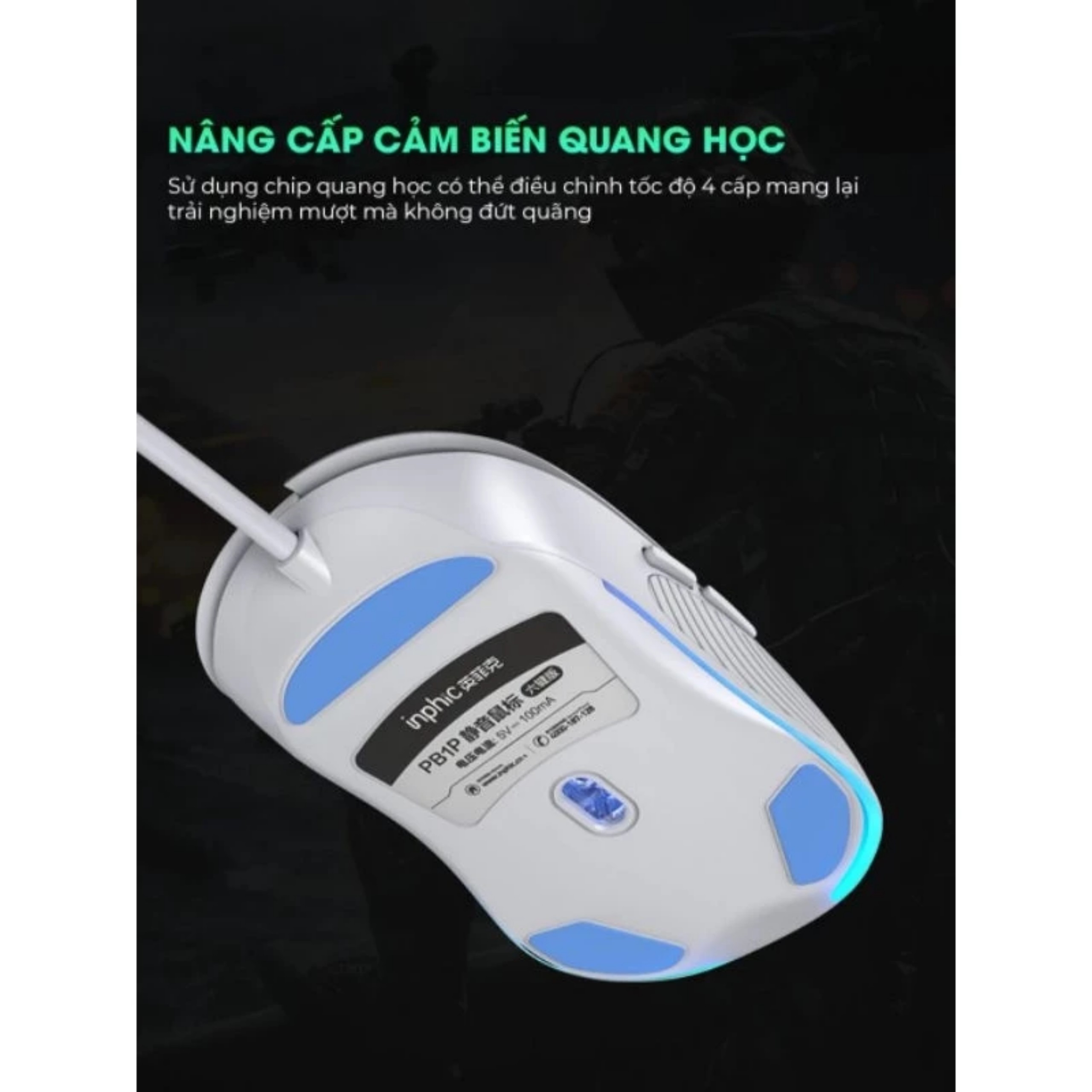 Chuột máy tính chơi game TEKKIN INPHIC PB1 bản có dây DPI 3600 thiết kế công thái học phù hợp cả gaming và làm việc