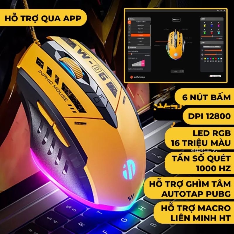 ￼Chuột máy tính gaming TEKKIN INPHIC PG6 có dây 12800 DPI 9 nút hỗ trợ macro qua app 12 chuyên game thủ