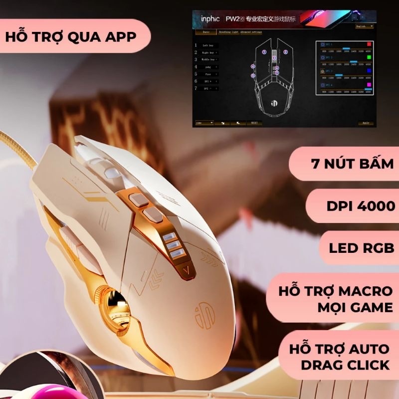 ￼Chuột máy tính gaming TEKKIN INPHIC PG6 có dây 12800 DPI 9 nút hỗ trợ macro qua app 12 chuyên game thủ