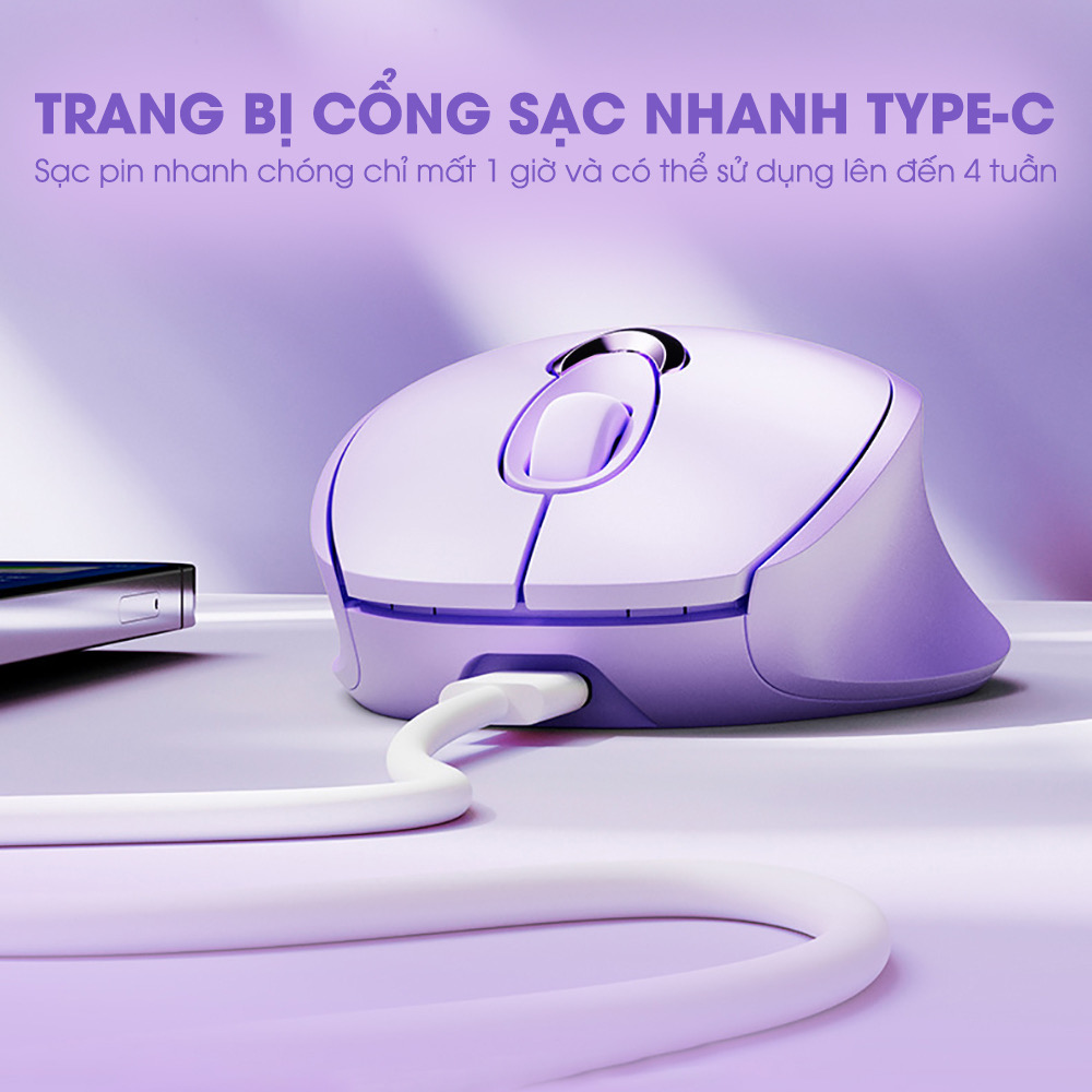 ￼Chuột bluetooth không dây TEKKIN INPHIC M8 silent chống ồn sạc pin màu tím cute cho máy tính laptop pc văn phòng