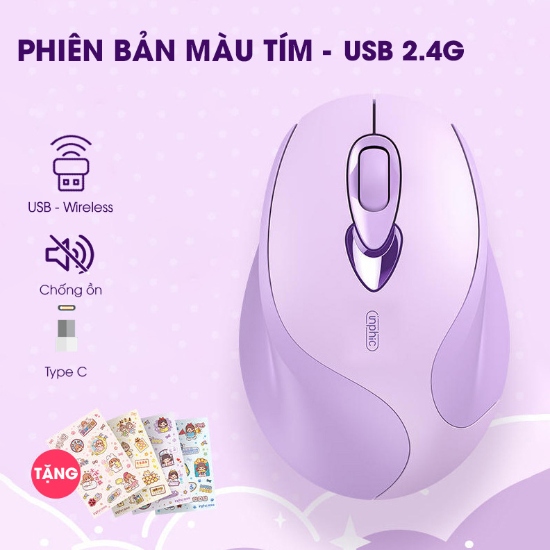 ￼Chuột bluetooth không dây TEKKIN INPHIC M8 silent chống ồn sạc pin màu tím cute cho máy tính laptop pc văn phòng