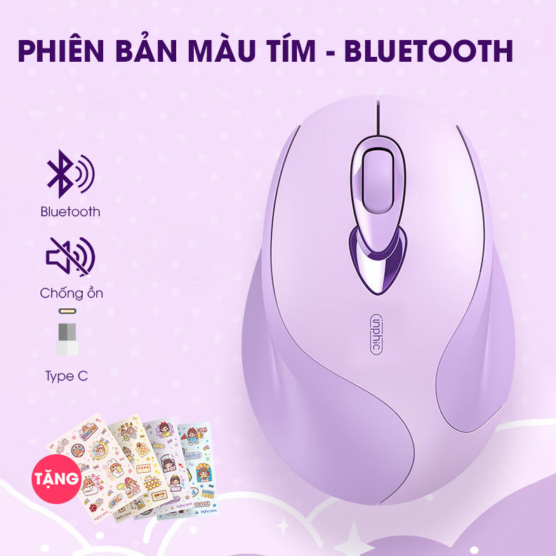 ￼Chuột bluetooth không dây TEKKIN INPHIC M8 silent chống ồn sạc pin màu tím cute cho máy tính laptop pc văn phòng