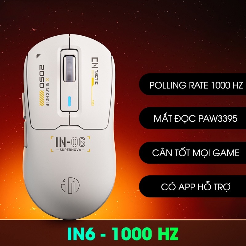 ￼Chuột gaming không dây TEKKIN INPHIC IN6 chip PAW3395 8000hz 3 mode bluetooth wireless 2.4g type c có app RGB
