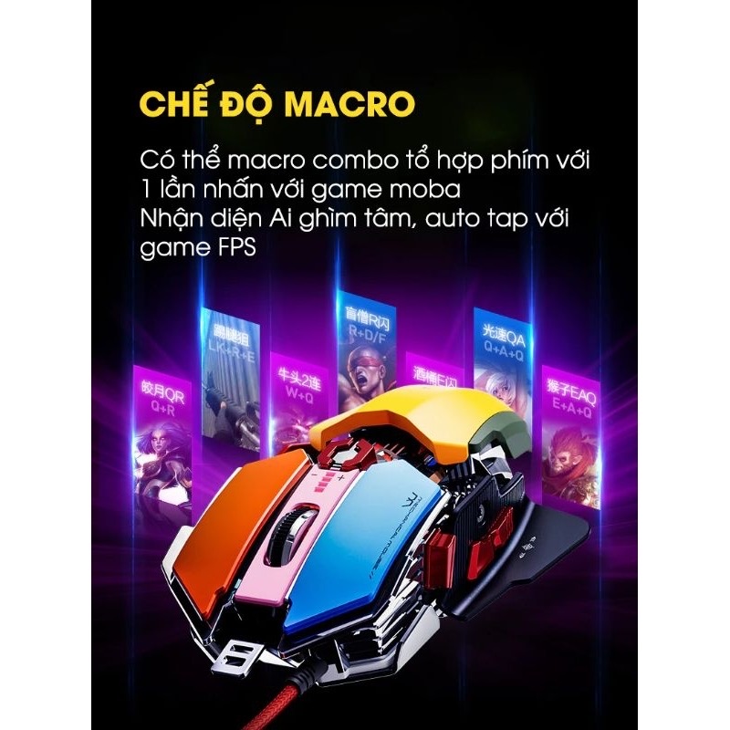￼Chuột máy tính gaming TEKKIN INPHIC PG6 có dây 12800 DPI 9 nút hỗ trợ macro qua app 12 chuyên game thủ