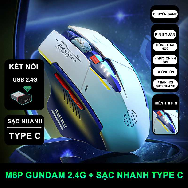 ￼Chuột gaming không dây sạc pin TEKKIN INPHIC PM6 cho game thủ chơi game chuyên nghiệp kết nối Wireless 2.4G
