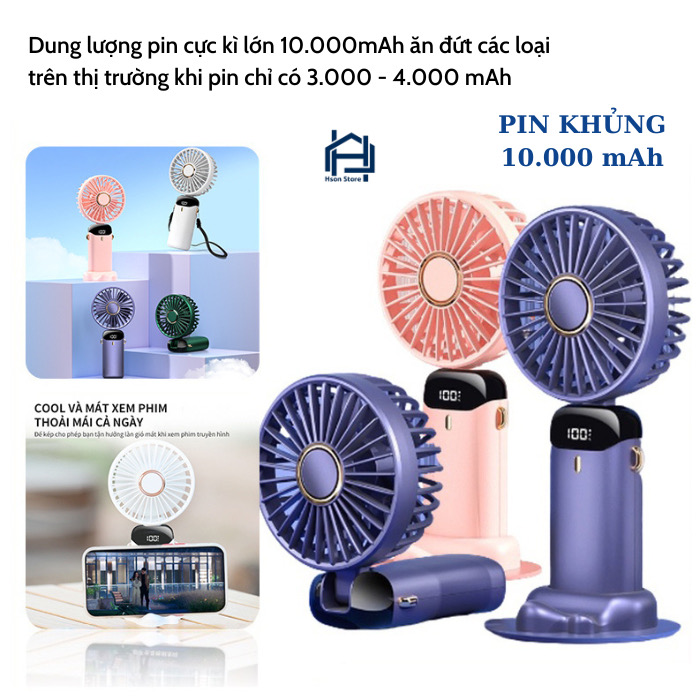￼Quạt mini cầm tay TEKKIN pin khủng 10000 mah, quạt tích điện gấp gọn 5 cấp độ gió linh hoạt